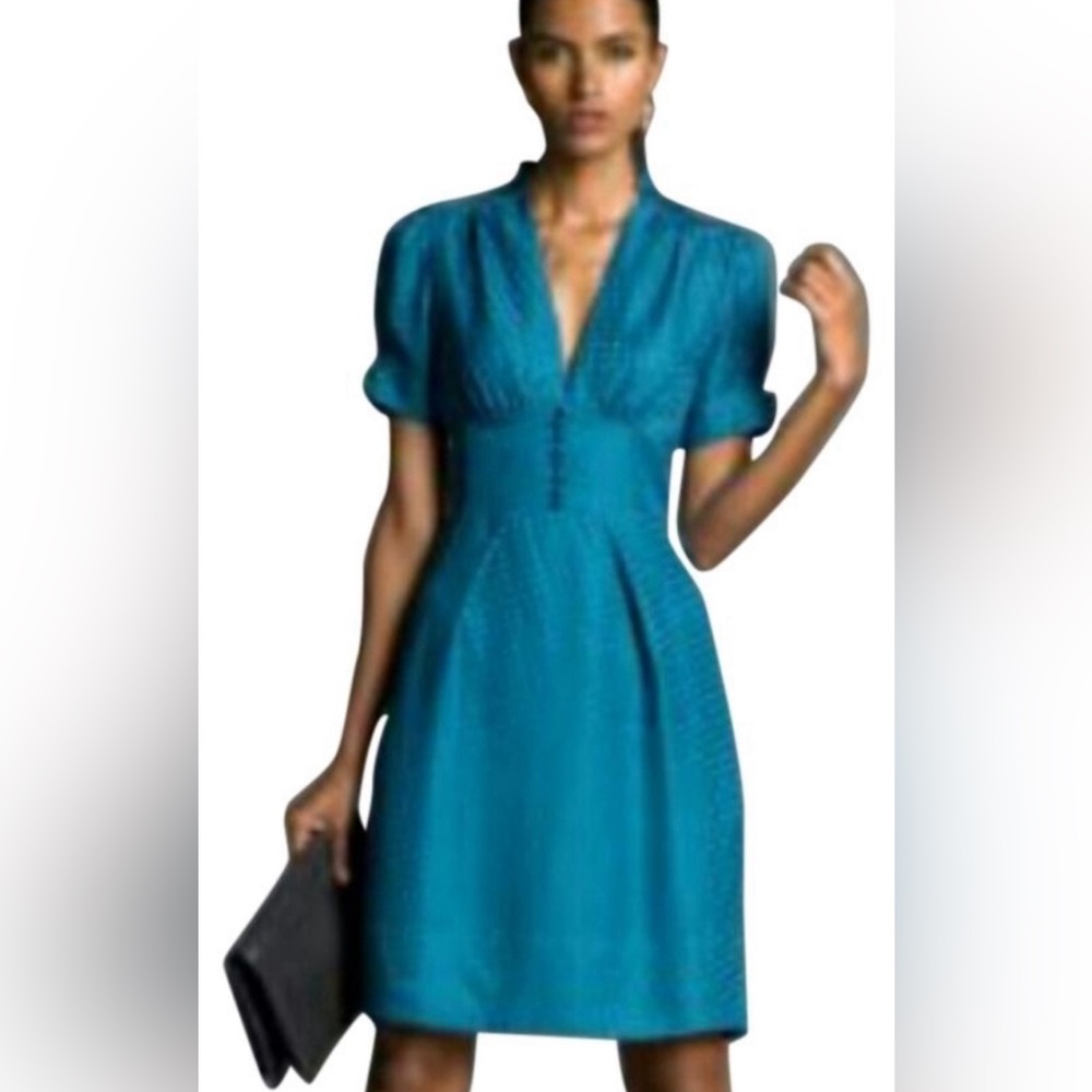 Banana Republic Teal Silk Pockets Polka Dot Knee Length V-neck Dress 4